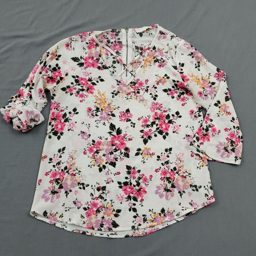 Pink Republic Ivory Lavender‎ Floral V-Neck Strappy Roll-Tab Sleeve Blouse XS